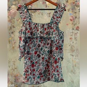Antik Batik Floral Ruffle Boho Tank Top 2000s Vintage